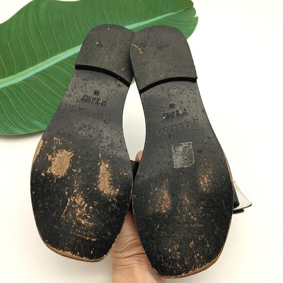 Pollini Italy Black Silver Slip On Bow Sandals Size 38 7 7.5 Metallic Open Toe - Picture 5 of 7